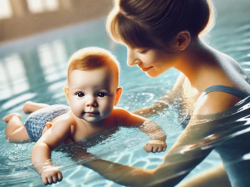 Babyschwimmstunde: Ein Baby schwimmt im Wasser, während eine Frau es sanft unterstützt.